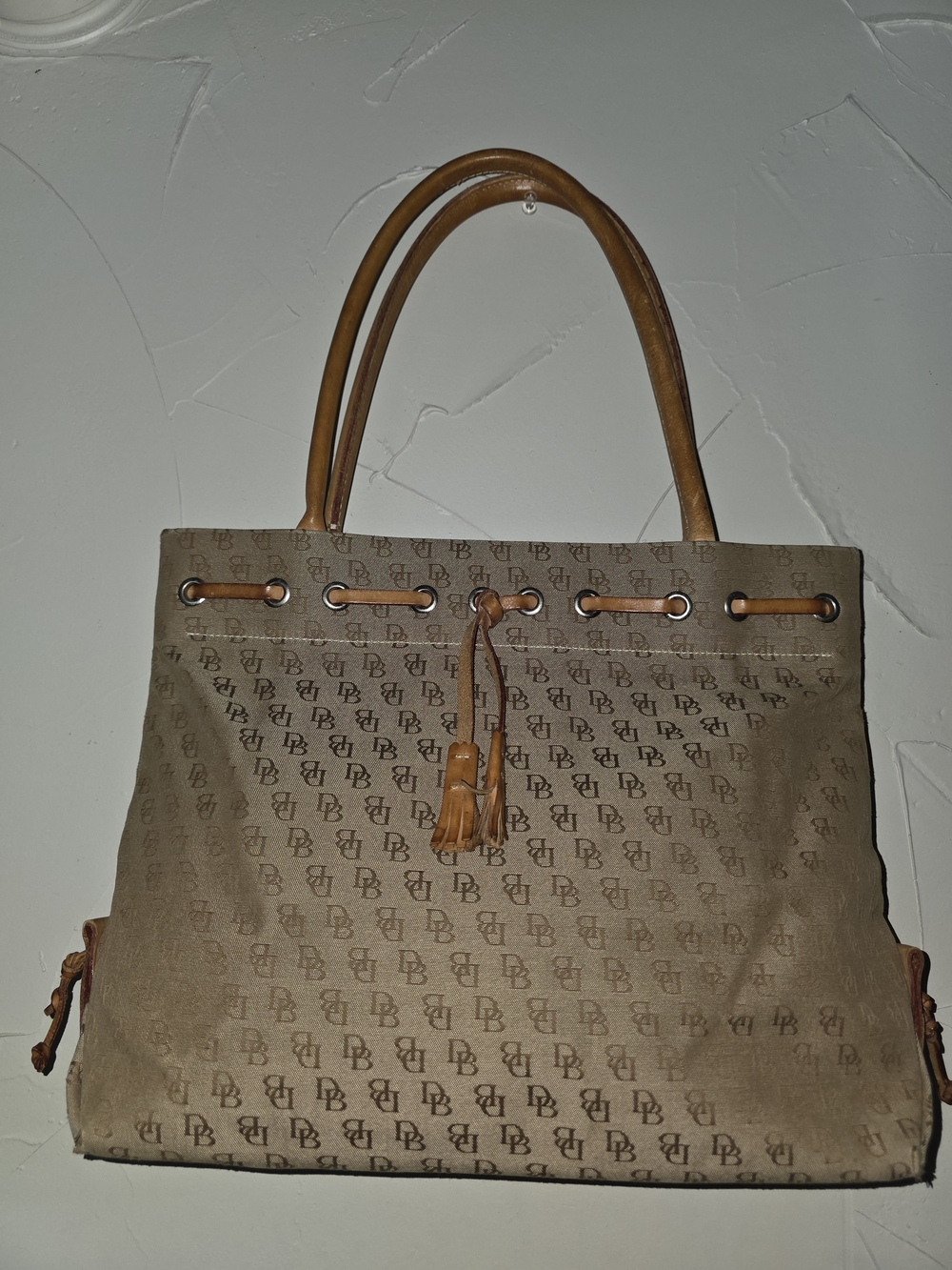 Dooney & Bourke Tan/Brown Monogram Tote with Leather Trim